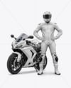 Man Wearing Moto Racing Kit with Sport Bike Mockup