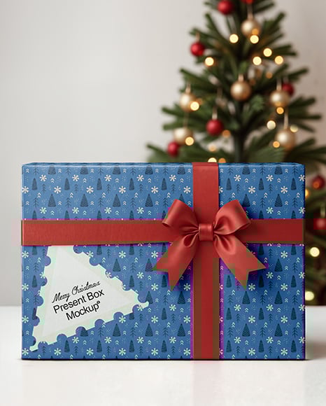 Gift Box with Christmas Tree on Background Mockup - Christmas mockup