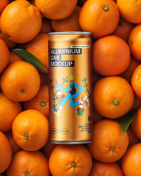 8.5oz Slim Drink Can on a Stack of Oranges Mockup