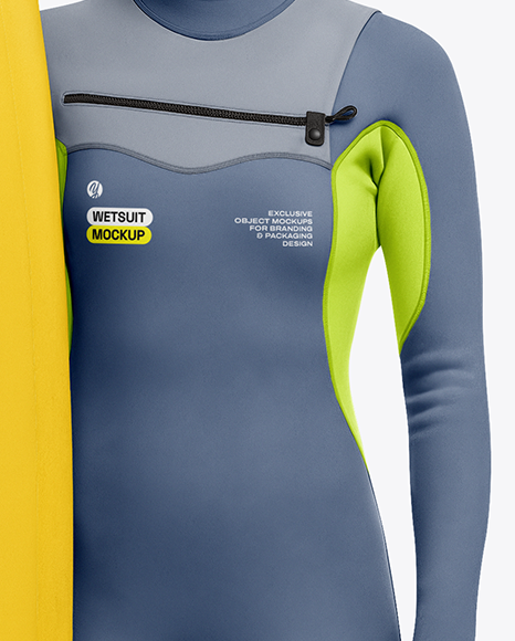 Female Surfer Wearing Wetsuit with Shortboard Mockup