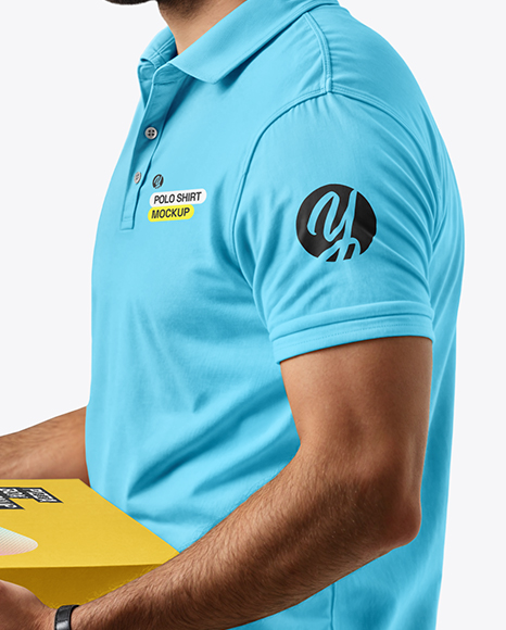 Delivery Man with Pizza Box Wearing Polo Shirt Mockup