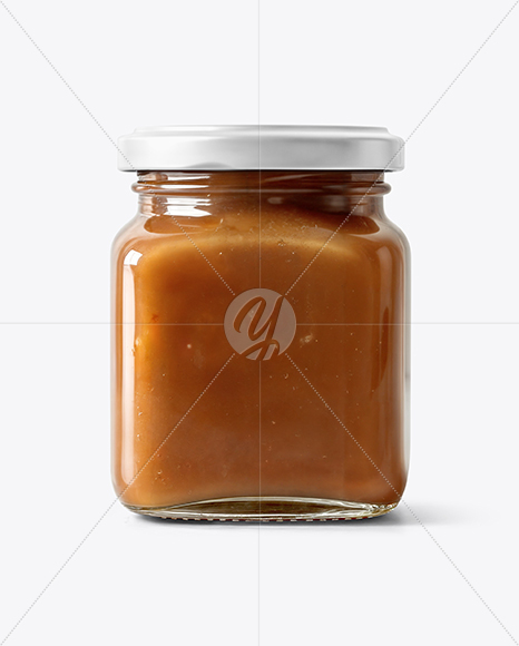 Clear Square Glass Jar with Apple Butter Mockup