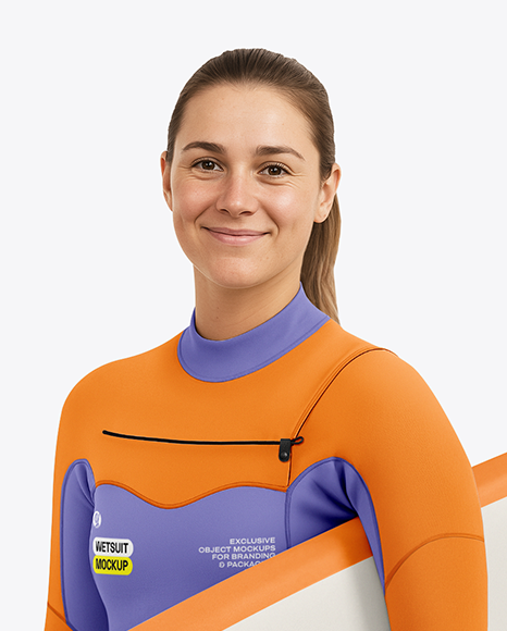 Female Surfer in a Wetsuit with a Longboard Mockup