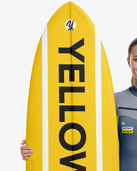 Female Surfer Wearing Wetsuit with Shortboard Mockup