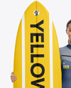 Female Surfer Wearing Wetsuit with Shortboard Mockup
