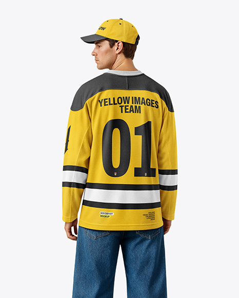 Man Wearing Ice Hockey Jersey Mockup - Back View - Premium PSD Mockups