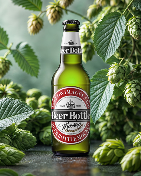 Beer Bottle Surrounded by Hops Branches Mockup