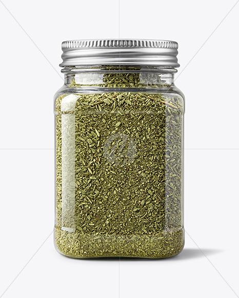 Square Plastic Jar with Marjoram Spice Mockup