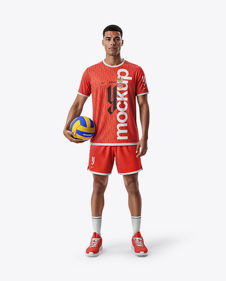 Man Wearing Full Volleyball Kit with Ball Mockup - PSD Mockups