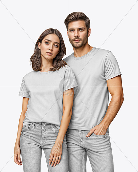 Young Couple Wearing T-shirt and Jeans Mockup