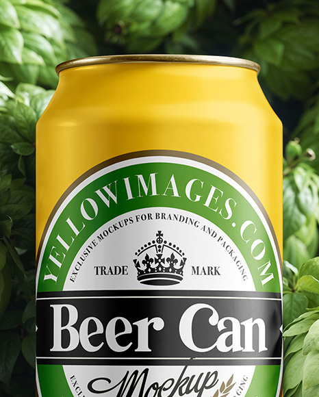Beer Can on Fresh Hops Background Mockup