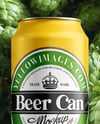 Beer Can on Fresh Hops Background Mockup
