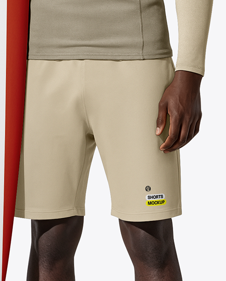 Man Wearing Rashguard Jersey and Shorts with Surfboard Mockup