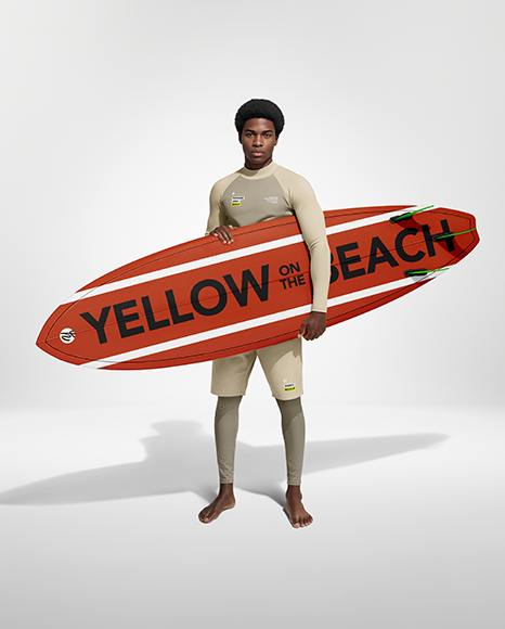Man Wearing Rashguard Jersey and Shorts with Surfboard Mockup