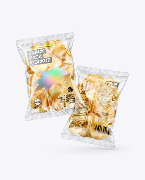 Clear Plastic Snack Bags with Potato Chips Mockup