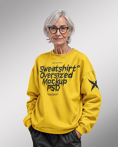 Elderly Woman in Glasses Wearing Sweatshirt & Sweatpants Mockup
