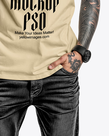 Man with Tattoos Wearing T-Shirt and Jeans Mockup