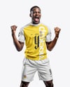 Black Man Wearing Raglan Soccer Jersey and Shorts Mockup