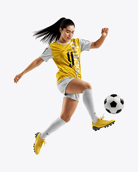 Female Soccer Player Wearing Jersey and Shorts Mockup - Mockups