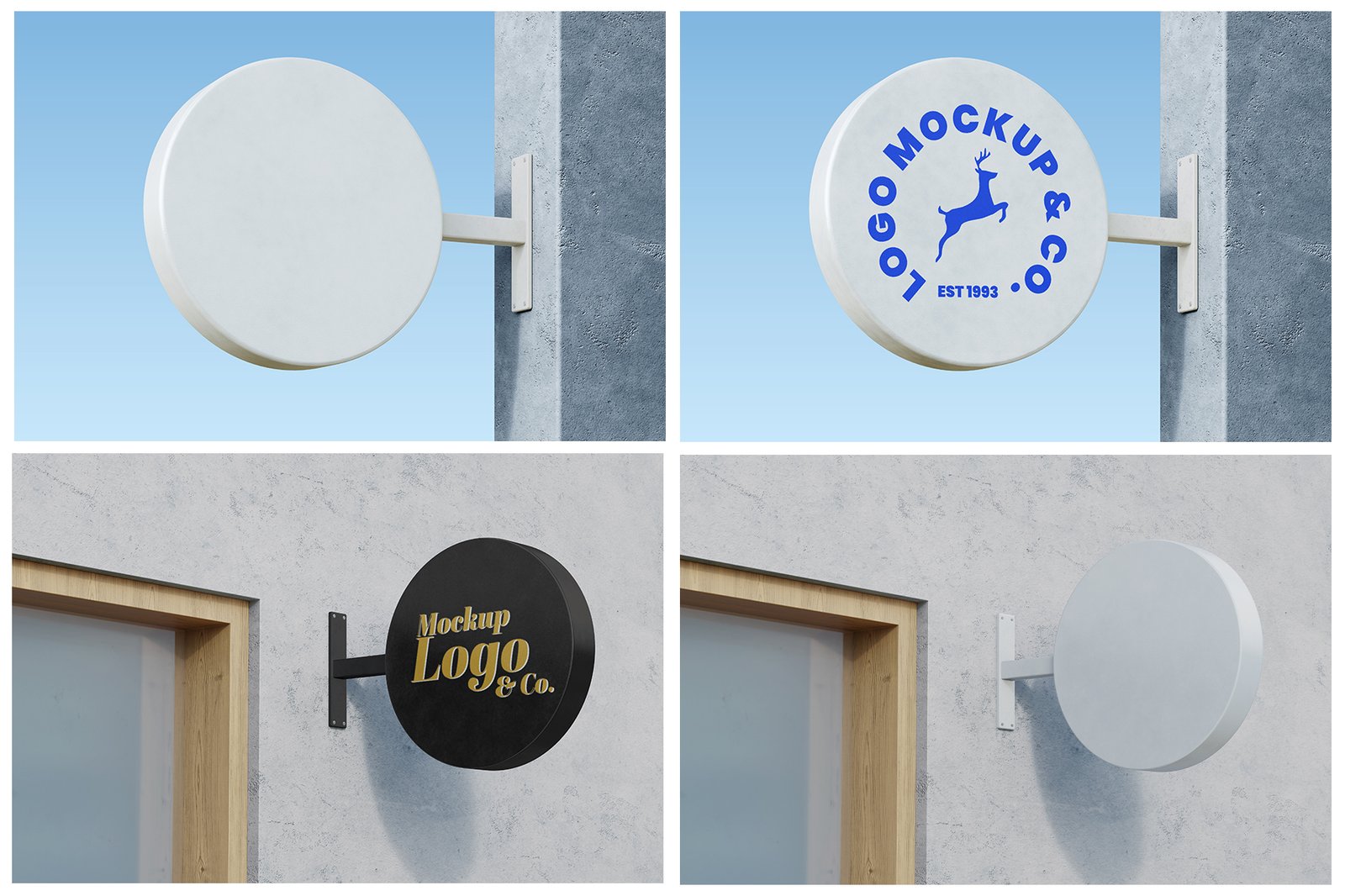Round Shop Sign Wall Mounted PSD Mockup Set