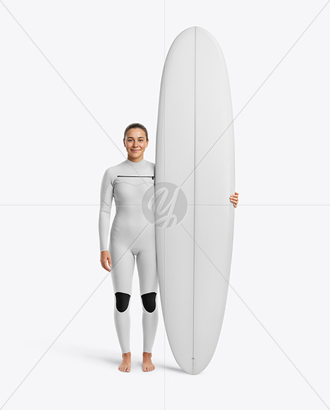 Female Surfer in a Wetsuit with a Longboard Mockup