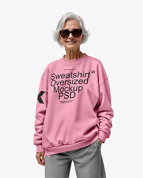 Smiling Elderly Woman Wearing Oversize Sweatshirt & Sweatpants Mockup - Blank sweatshirt mockup
