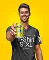 Man Wearing a T-shirt Holding 12oz Drink Can Mockup