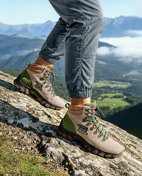 Pair of Hiking Boots on Woman's Legs Mockup - Shoe mockups