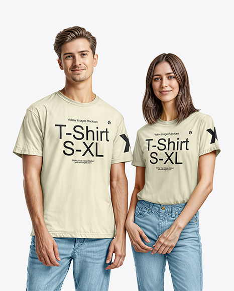 A Young Man and a Young Woman Wearing T-shirts and Jeans Mockup - Apparel mockups