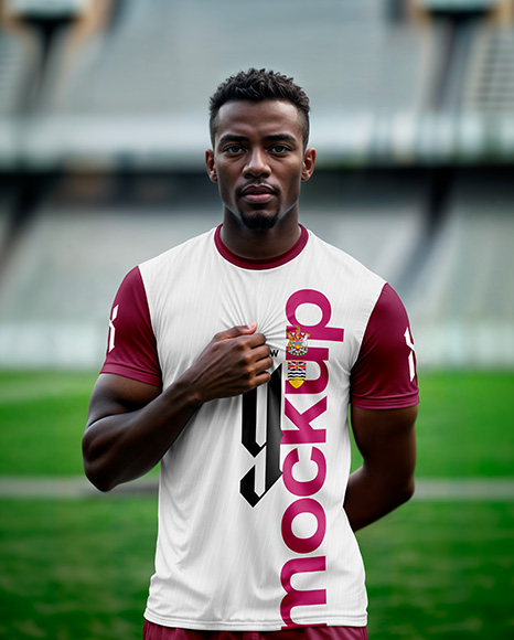 Soccer Player Wearing a Crew Neck Jersey and Shorts at the Stadium Mockup