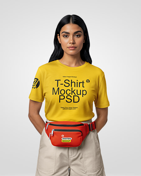 Woman Wearing T-Shirt with Fanny Pack Mockup