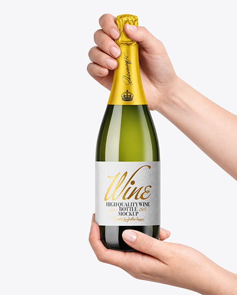 Green Glass Champagne Bottle in Hands Mockup