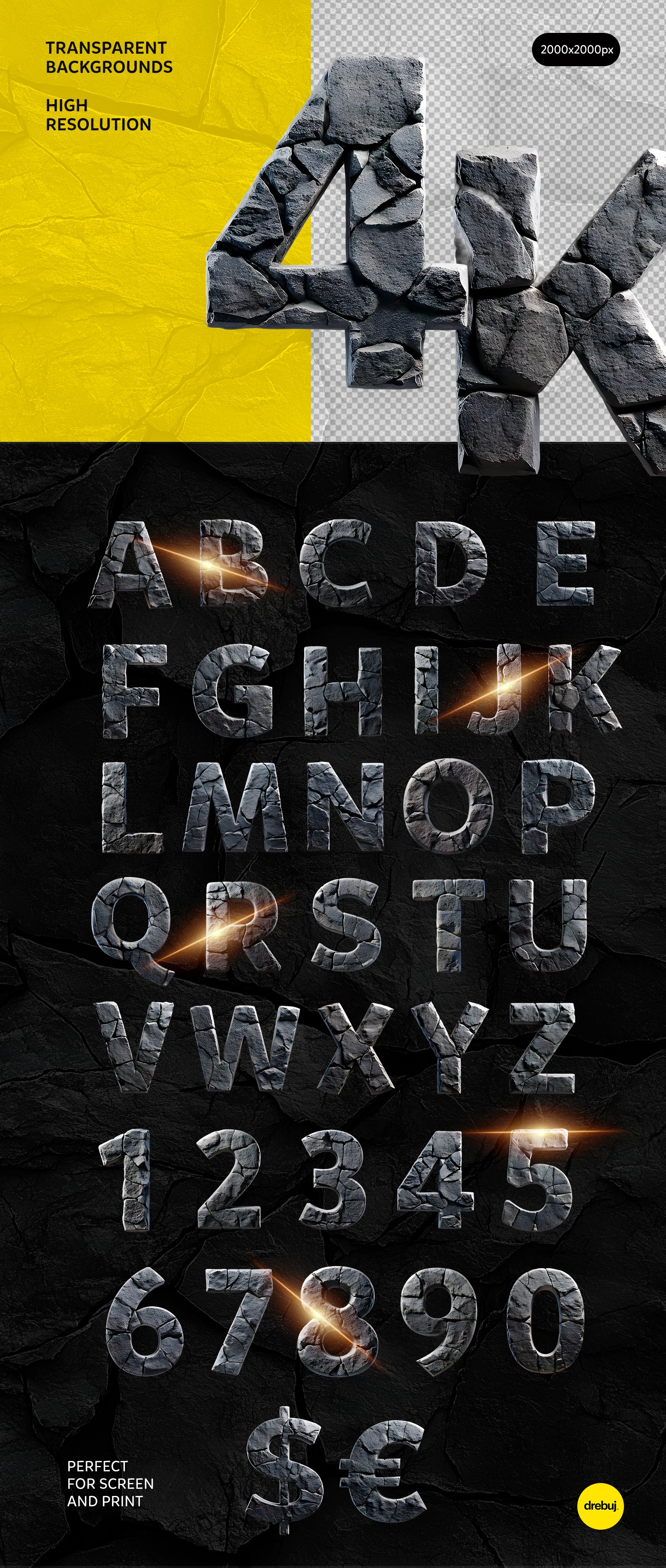 Dark Stone Font: Geometric 3D Alphabet PNG