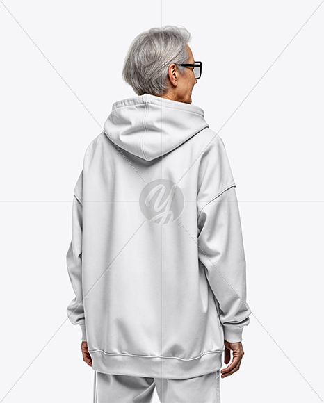 Old Gray-Haired Woman Wearing Oversized Hoodie & Sweatpants Mockup