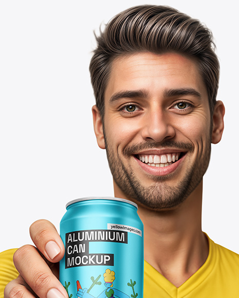 Man Wearing a T-shirt Holding 16oz Drink Can Mockup