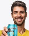 Man Wearing a T-shirt Holding 16oz Drink Can Mockup
