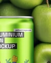 8.5oz Slim Drink Can on a Stack of Green Apples Mockup