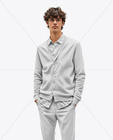 Young Man Wearing Cardigan and Shirt Mockup
