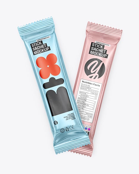 Two Glossy Metallic Stick Sachets Mockup - Premium PSD Mockups