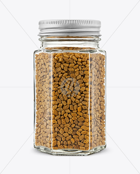 Hexagonal Glass Jar with Fenugreek Seeds Mockup