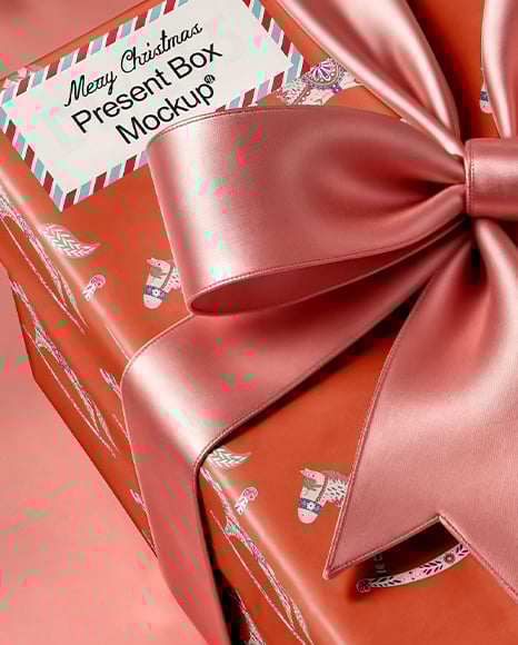 Christmas Present Box with Pink Bow Mockup