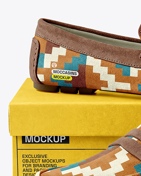 Pair of Suede Moccasins with Shoe Box Mockup