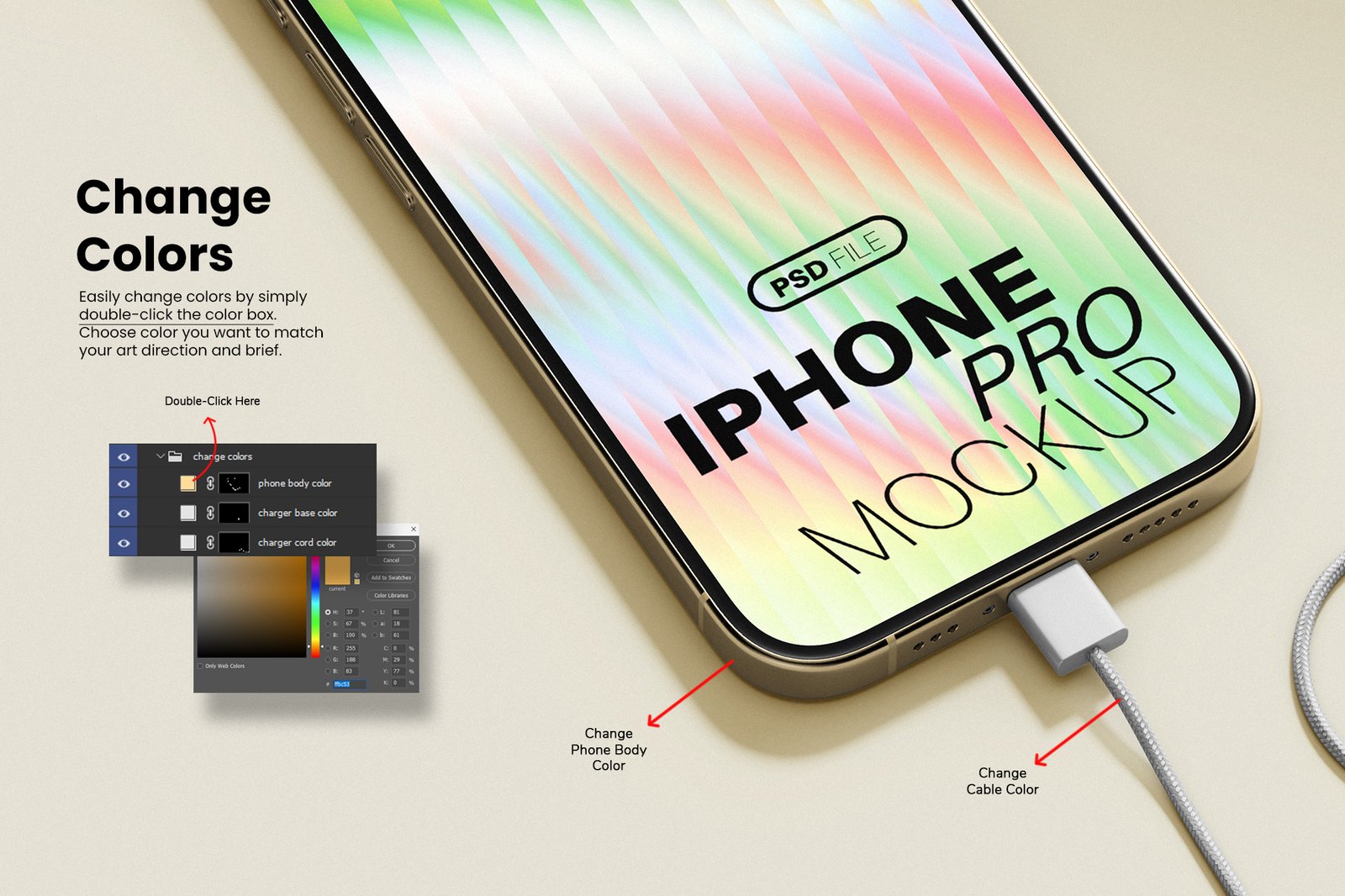 iPhone Pro with Charging Cable Mockup Set