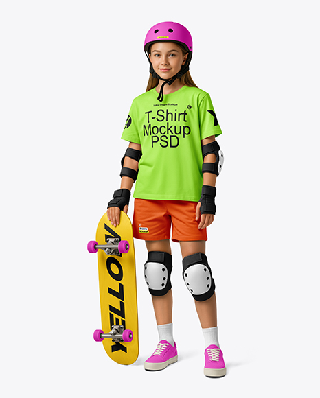 Girl in Protective Gear with Skateboard Mockup - Kit mockup psd