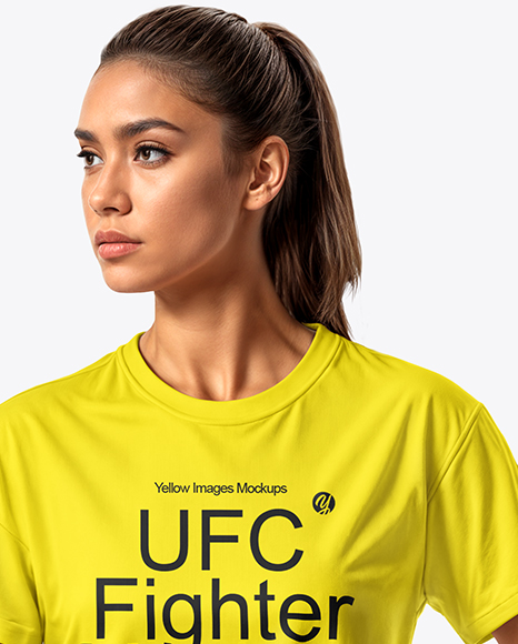 Female UFC Fighter Wearing T-Shirt & Shorts Mockup