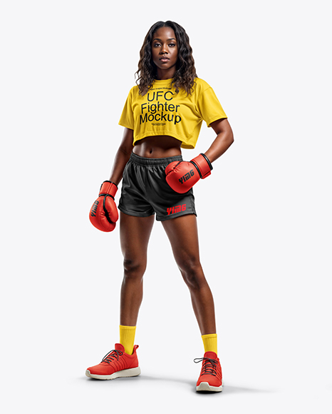 Black Female UFC Fighter Wearing T-Shirt & Shorts Mockup - Free+Woman+T+Shirt+Mockup+Fribly+T+Shirt+Design+Template+Clothing+Mockup+T+Shirts+For+Women