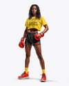 Black Female UFC Fighter Wearing T-Shirt & Shorts Mockup