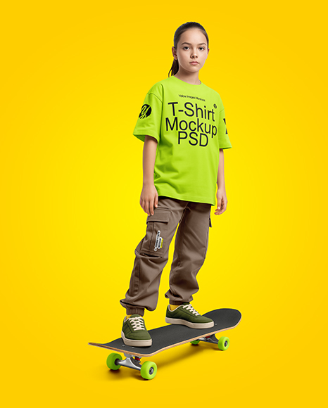 Girl Wearing T-Shirt and Cargo Pants with Skateboard Mockup