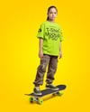 Girl Wearing T-Shirt and Cargo Pants with Skateboard Mockup