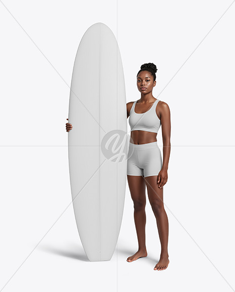 Woman Wearing Sports Bra and Shorts Holding Surfboard Mockup